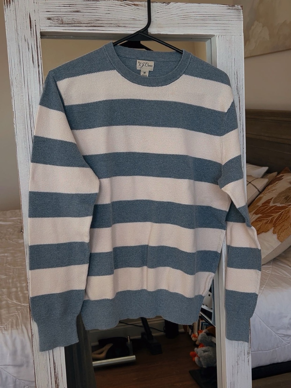 J. Crew Men's Blue and White Wide-Stripe Crewneck Sweater